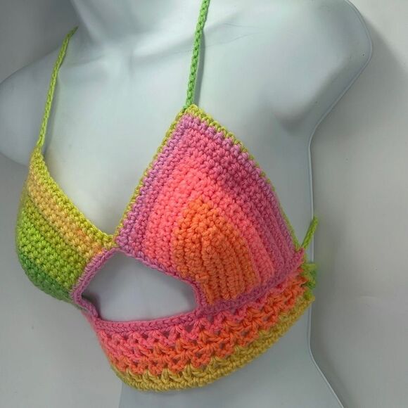 Handmade peek-a-boo crochet rainbow neon halter top crop open knit - Picture 11 of 11